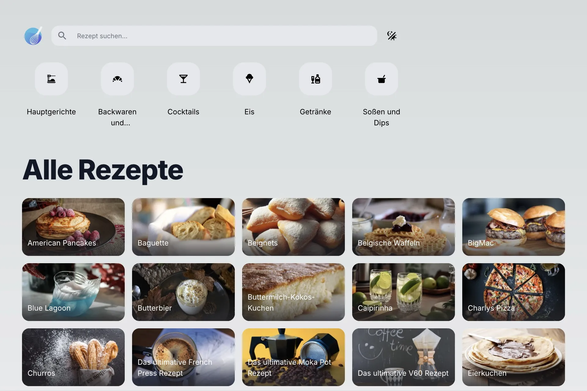 Screenshot der Startseite von Stephans Rezepte