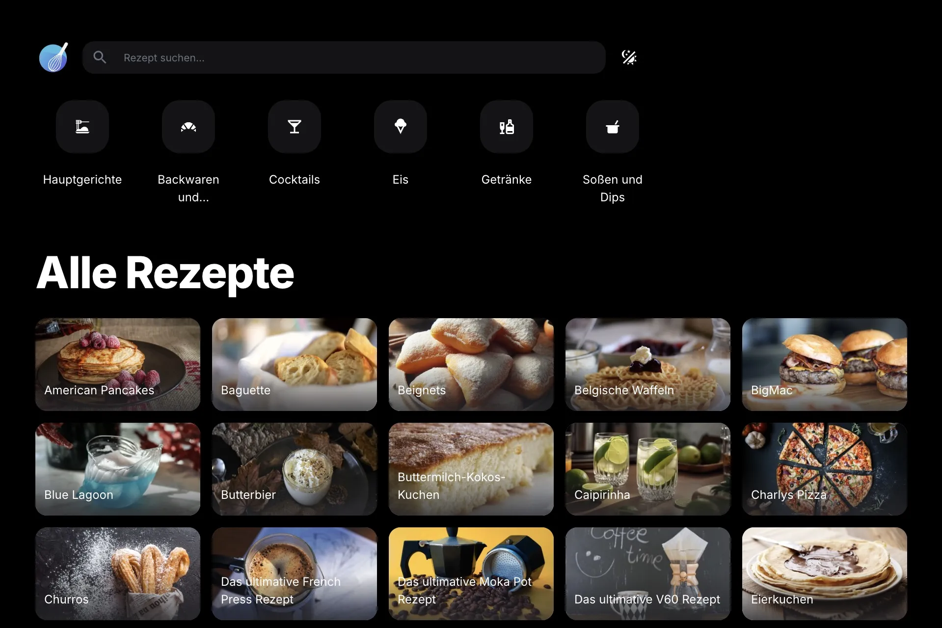 Screenshot der Startseite von Stephans Rezepte